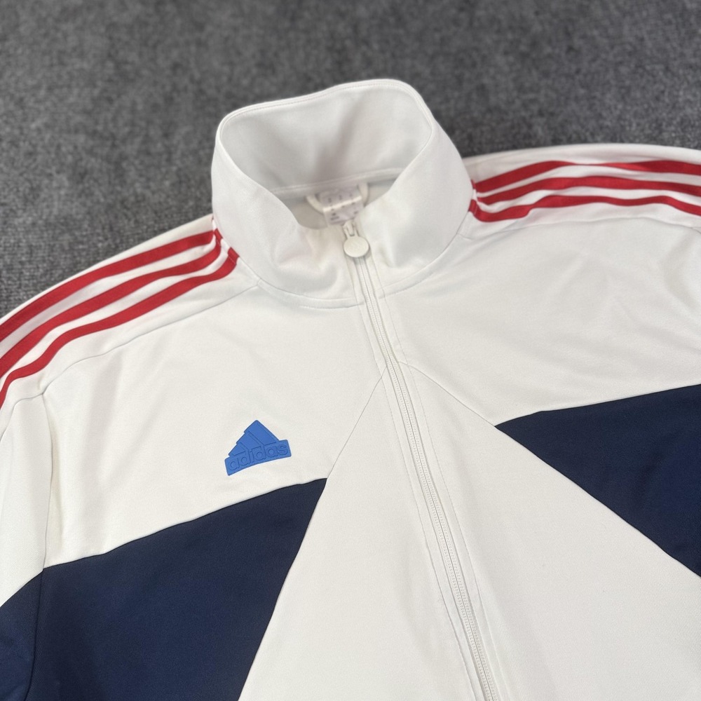 Adidas Jacket Mens XLT White Blue Red Full Zip Track Coat Three Stripes Athletic